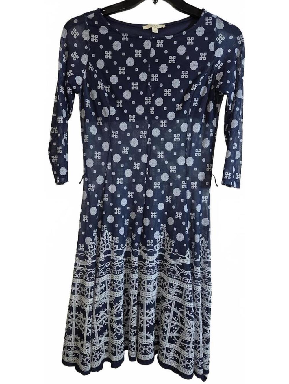 Haani Navy Blue and White Patterned Long Sleeve Sheer Dress Size PS